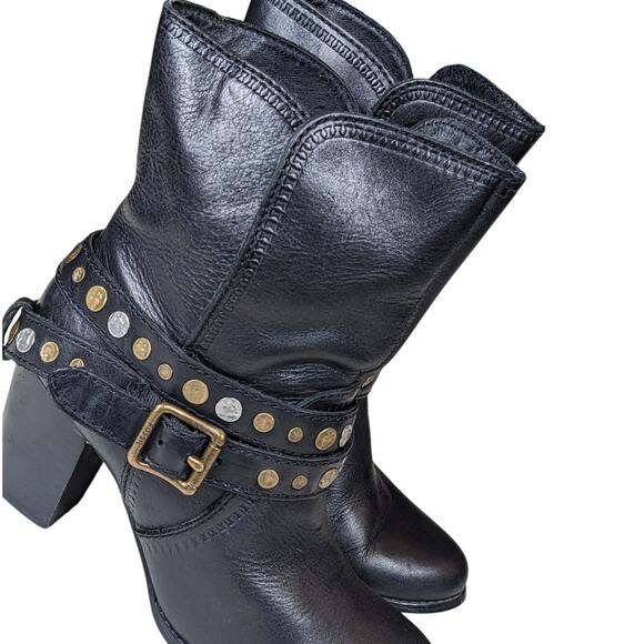 Fossil Boots Womens Size 7 Black Leather Ankle Studded Western Style Chunky Heel - Picture 1 of 11